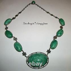 Superb Marked Sterling Silver & Green Peking Glass Vintage Choker Necklace 40c