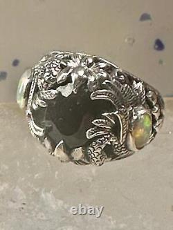 Swan ring bird band lab opal blue glass size 6 sterling silver women