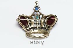 TRIFARI 1944 Alfred Philippe Sterling Red Blue Glass Jelly Belly Crown Brooch