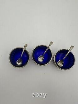 TWR Sterling Silver & Cobalt Blue Glass Salt Cellars with Spoons Set Of 3