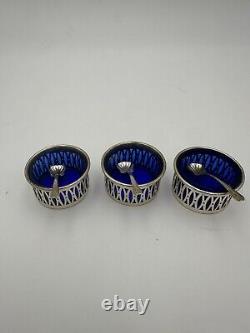 TWR Sterling Silver & Cobalt Blue Glass Salt Cellars with Spoons Set Of 3