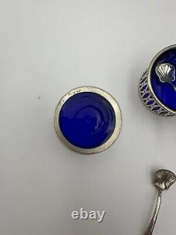 TWR Sterling Silver & Cobalt Blue Glass Salt Cellars with Spoons Set Of 3