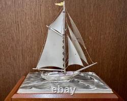Takehiko Sterling Silver 960 Yacht Boat Model Glass Case 19.5cm Japan Art