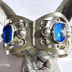 Taxco Mexico Sterling Silver Cuff Bracelet Blue Glass Rivoli Size 6.5 VTG
