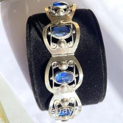 Taxco Mexico Sterling Silver Cuff Bracelet Blue Glass Rivoli Size 6.5 VTG