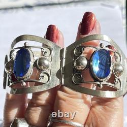 Taxco Mexico Sterling Silver Cuff Bracelet Blue Glass Rivoli Size 6.5 VTG