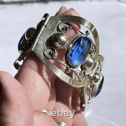Taxco Mexico Sterling Silver Cuff Bracelet Blue Glass Rivoli Size 6.5 VTG