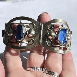 Taxco Mexico Sterling Silver Cuff Bracelet Blue Glass Rivoli Size 6.5 VTG