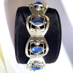 Taxco Mexico Sterling Silver Cuff Bracelet Blue Glass Rivoli Size 6.5 VTG