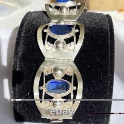 Taxco Mexico Sterling Silver Cuff Bracelet Blue Glass Rivoli Size 6.5 VTG
