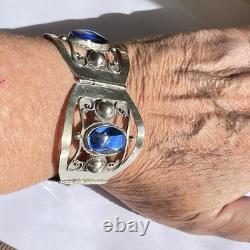 Taxco Mexico Sterling Silver Cuff Bracelet Blue Glass Rivoli Size 6.5 VTG