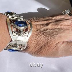 Taxco Mexico Sterling Silver Cuff Bracelet Blue Glass Rivoli Size 6.5 VTG