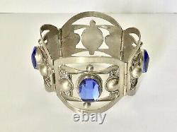 Taxco Mexico Sterling Silver and Blue Glass Hinged Panel Bracelet