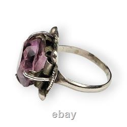 Taxco Purple Glass Sterling Cocktail Ring Mexico 925 Silver 1930s/ 40s Vtg 6.75