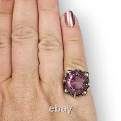 Taxco Purple Glass Sterling Cocktail Ring Mexico 925 Silver 1930s/ 40s Vtg 6.75