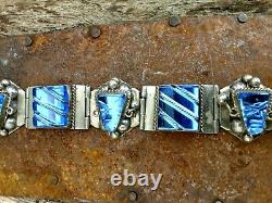 Taxco vintage sterling silver Bracelet Blue Mirror Glass Aztecs + Rectangles