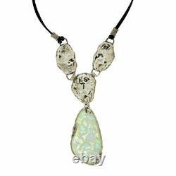 Teardrop Shape Roman Glass Sterling Silver Pendant Necklace with 16 Leather Cord