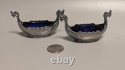 Theodor Olsen Norway Sterling Silver Cobalt Glass Viking Ship Salt Dish Cellar
