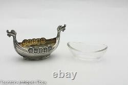 Theodor Olsens Viking Ship 925 solid sterling silver salt bowl dish glass Norway