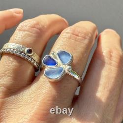 Triple Blue Genuine Caribbean Sea Glass Sterling Silver Ring Size 9