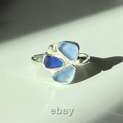Triple Blue Genuine Caribbean Sea Glass Sterling Silver Ring Size 9