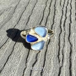 Triple Blue Genuine Caribbean Sea Glass Sterling Silver Ring Size 9