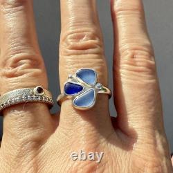 Triple Blue Genuine Caribbean Sea Glass Sterling Silver Ring Size 9