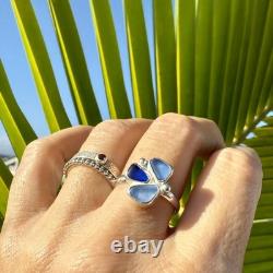 Triple Blue Genuine Caribbean Sea Glass Sterling Silver Ring Size 9