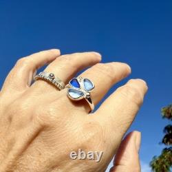 Triple Blue Genuine Caribbean Sea Glass Sterling Silver Ring Size 9