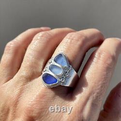 Triple Blue Genuine Caribbean Sea Glass Sterling Silver Wide Ring Size 13.5