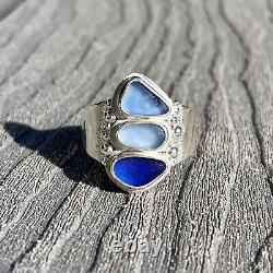 Triple Blue Genuine Caribbean Sea Glass Sterling Silver Wide Ring Size 13.5
