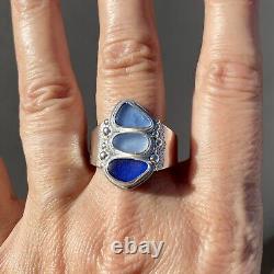 Triple Blue Genuine Caribbean Sea Glass Sterling Silver Wide Ring Size 13.5