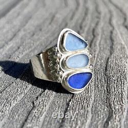 Triple Blue Genuine Caribbean Sea Glass Sterling Silver Wide Ring Size 13.5
