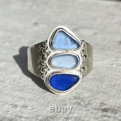 Triple Blue Genuine Caribbean Sea Glass Sterling Silver Wide Ring Size 13.5