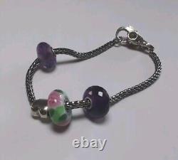 Trollbead LAA Sterling Silver Charm Bracelet Multi Bead Glass, + Two Amethyst 8