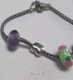 Trollbead LAA Sterling Silver Charm Bracelet Multi Bead Glass, + Two Amethyst 8