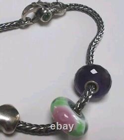 Trollbead LAA Sterling Silver Charm Bracelet Multi Bead Glass, + Two Amethyst 8