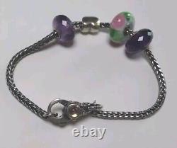 Trollbead LAA Sterling Silver Charm Bracelet Multi Bead Glass, + Two Amethyst 8