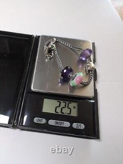 Trollbead LAA Sterling Silver Charm Bracelet Multi Bead Glass, + Two Amethyst 8