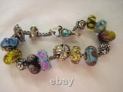 Trollbeads Bracelet Dbl Blue Dichroic Flower Lock Lot of 17 Elfbeads OOAK LE