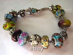 Trollbeads Bracelet Dbl Blue Dichroic Flower Lock Lot of 17 Elfbeads OOAK LE