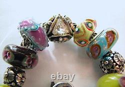 Trollbeads Bracelet Dbl Blue Dichroic Flower Lock Lot of 17 Elfbeads OOAK LE