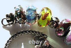 Trollbeads Bracelet Dbl Blue Dichroic Flower Lock Lot of 17 Elfbeads OOAK LE