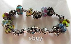 Trollbeads Bracelet Dbl Blue Dichroic Flower Lock Lot of 17 Elfbeads OOAK LE