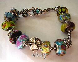 Trollbeads Bracelet Dbl Blue Dichroic Flower Lock Lot of 17 Elfbeads OOAK LE