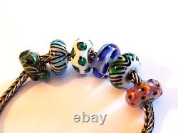 Trollbeads LAA Sterling Silver Charm Bracelet 6 Glass Lampwork Beads 6.5 Inch
