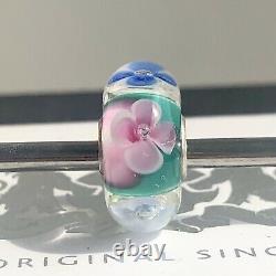 Trollbeads OOAK Unique Murano Glass Charm Bead Rare Blue Pink Green Flowers