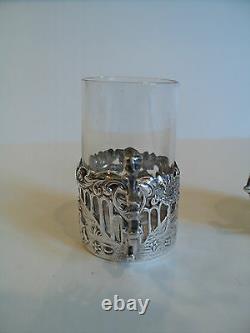 UNUSUAL PAIR STERLING SILVER SHOT GLASS HOLDERS with CUT CRYSTAL INSERTS