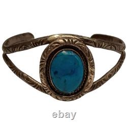 Uncommon Taxco Mexico Blue Fire Glass Sterling Silver Hand Stamped Bracelet