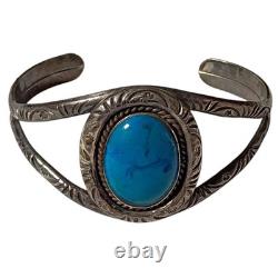 Uncommon Taxco Mexico Blue Fire Glass Sterling Silver Hand Stamped Bracelet